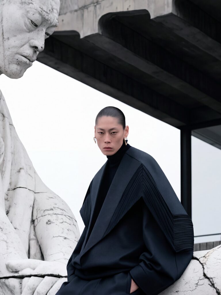 AI-generated fashion editorial portrait from the Neo Brutalism universe by UNDREAM — raw textures, stark architectural contrast and sculptural posing (02)