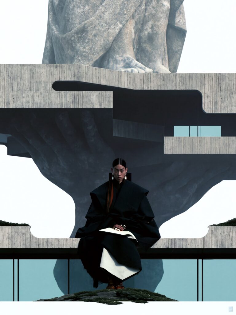 AI-generated fashion editorial portrait from the Neo Brutalism universe by UNDREAM — raw textures, stark architectural contrast and sculptural posing (06)