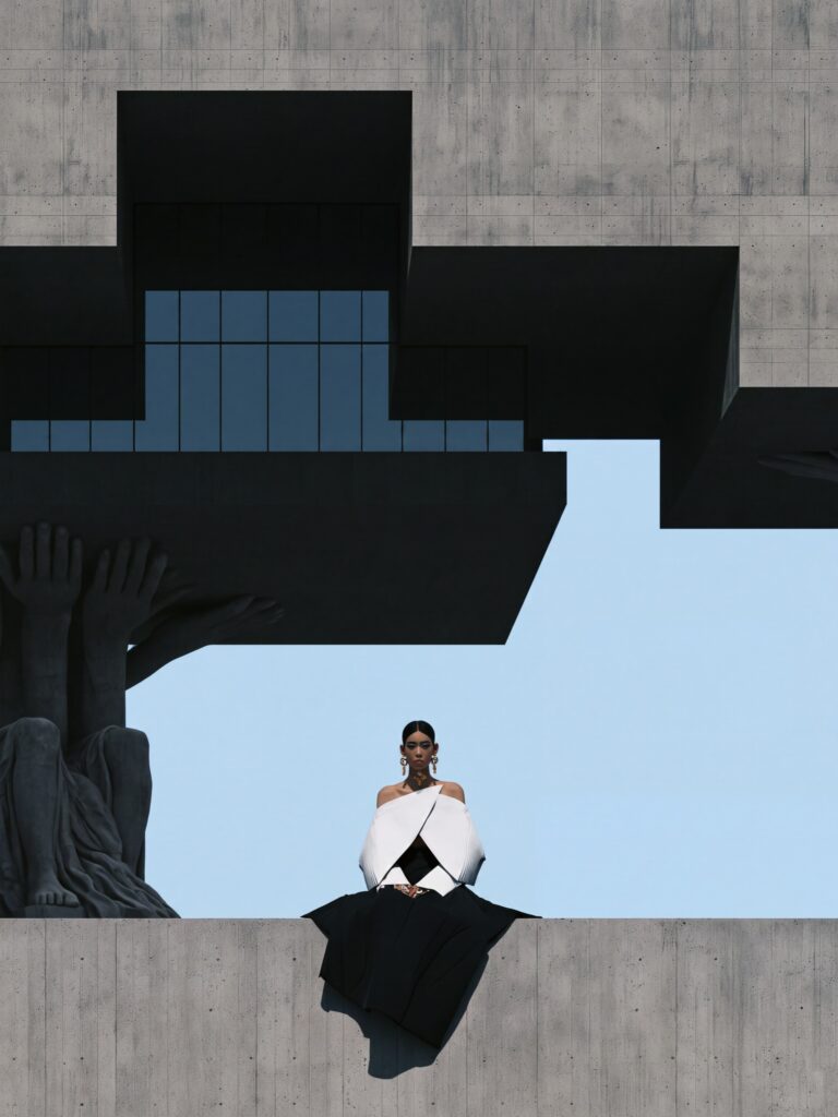 AI-generated fashion editorial portrait from the Neo Brutalism universe by UNDREAM — raw textures, stark architectural contrast and sculptural posing (08)