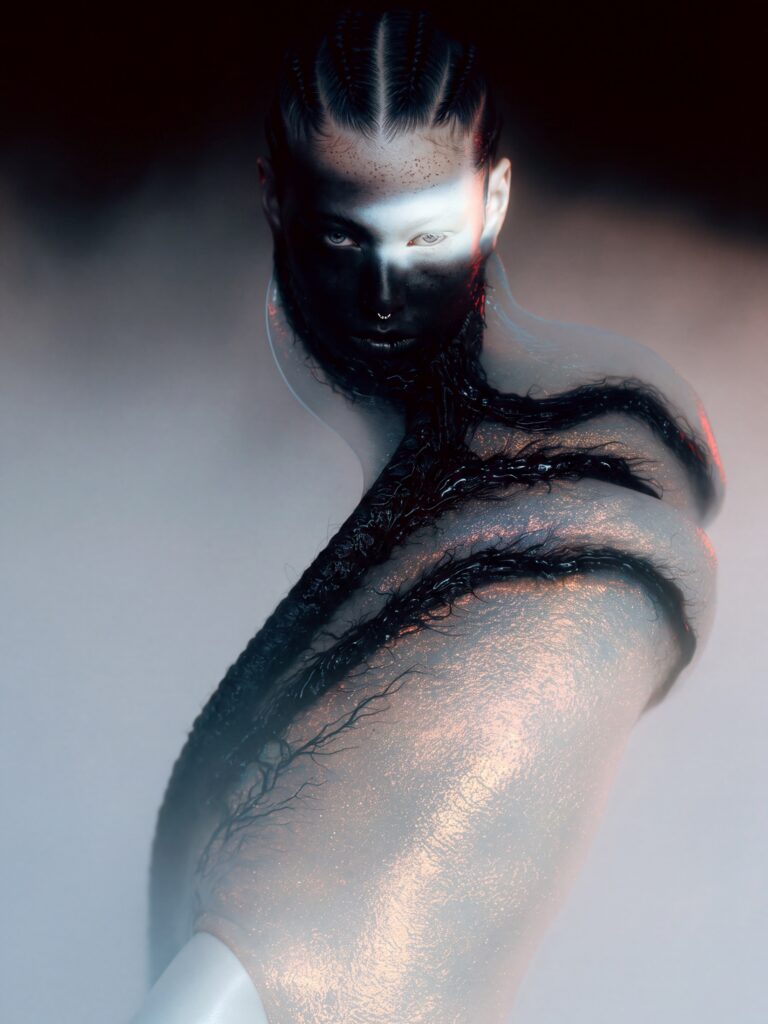 AI-generated portrait from the Soma in Flux series of The Uncanny universe by UNDREAM — body surfaces dissolving into fluid, sculptural transformations (work 07)