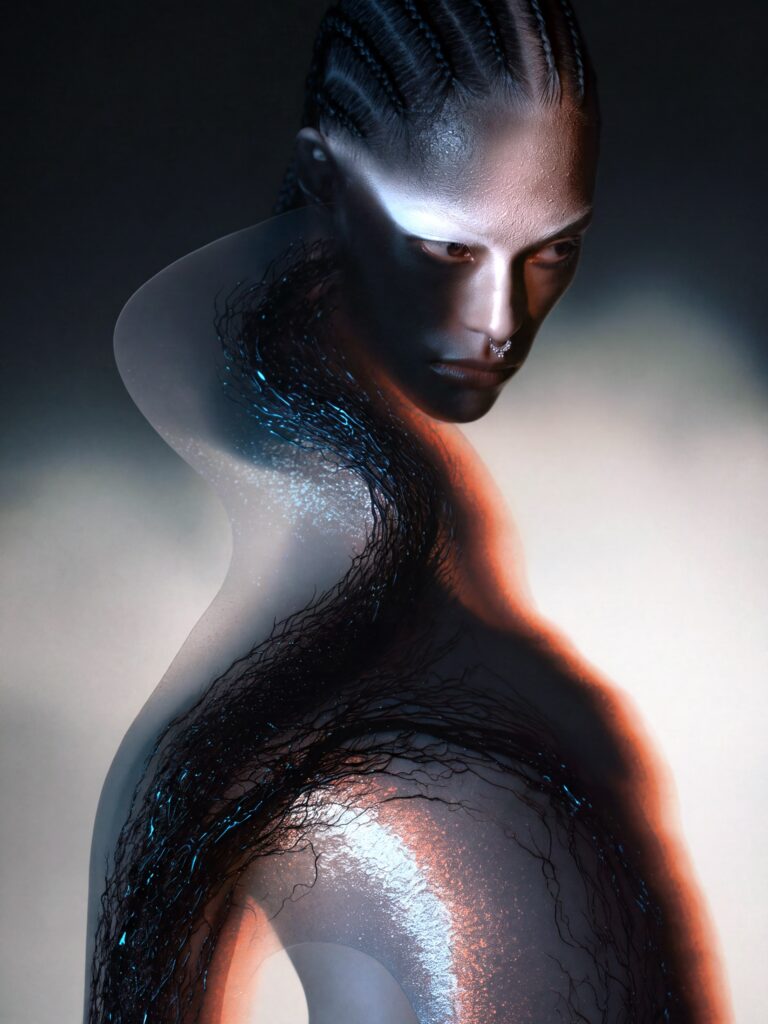 AI-generated portrait from the Soma in Flux series of The Uncanny universe by UNDREAM — body surfaces dissolving into fluid, sculptural transformations (work 08)